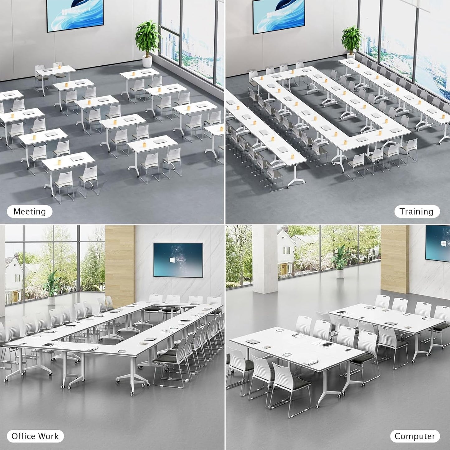 Conference Table Folding Conference Table, Modern Conference Room Table White Meeting Table Flip Top Large Mobile Training Table, Mobile Training Seminar Table for Office Classroom (4pack 70.8in)