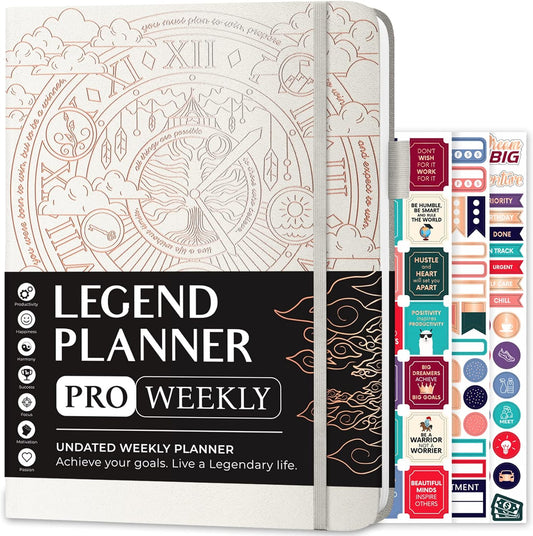 Legend Planner PRO – Deluxe Weekly & Monthly Life Planner to Increase Productivity and Hit Your Goals. Time Management Organizer Notebook – Undated – 7 x 10" Hardcover + Stickers – White
