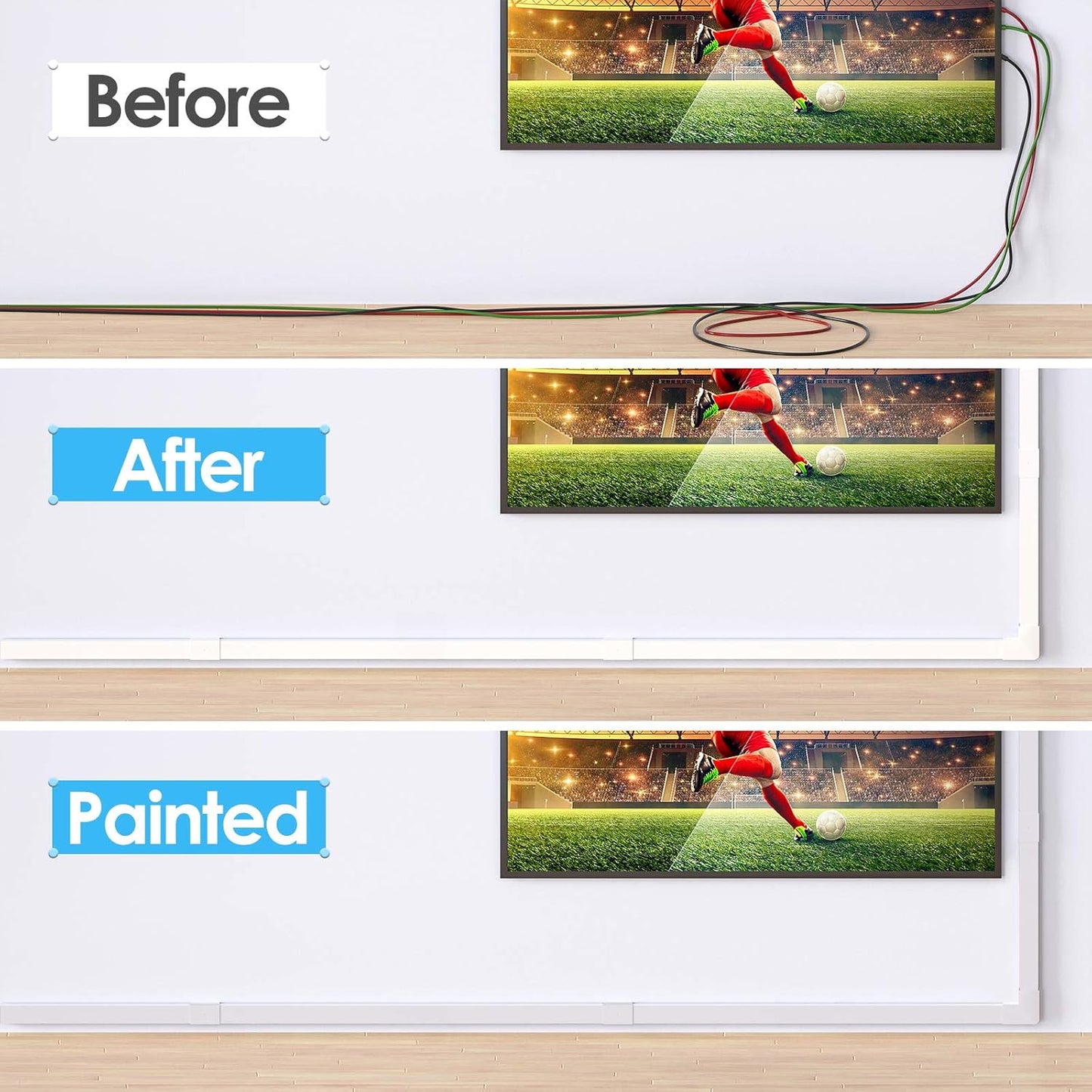 Yecaye 125in Large Cord Hider for 3-4 Wires, Paintable Cord Cover Wall Cable Management System, PVC Wire Hide, Cable Raceway Kit for Wall Mount TV, W1.18in H0.67in, White