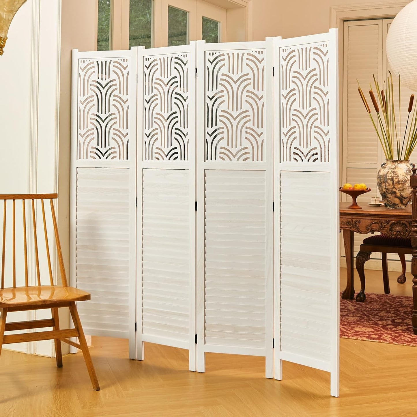 Folding Room Divider, 66.9 Inch 4 Panels Wood Carved Privacy Screens, Free Assembled Freestanding Portable Separation Wall for Home Office Restaurant Bedroom (White)