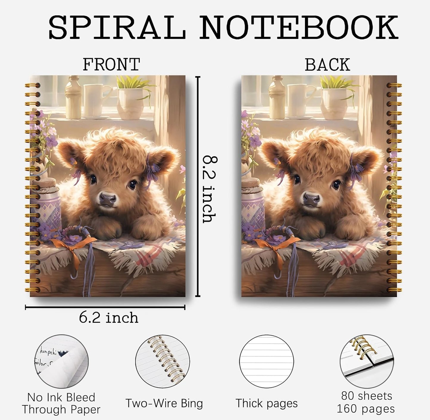 Floral Highland Cow Notebook - Western Cow Notebook, Highland Cow Office Supplies, Highland Cow Gifts, Cow Lover Gifts, Cute Cow Stuff, Cute Highland Cow with Lavender Spiral Notebook 5.5x8.3