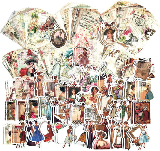 200PCS Vintage Scrapbooking Supplies Pack, Aesthetic Scrapbook Sticker Paper Art Journaling Kit for Bullet Junk Journals,Planner,Cottagecore Decor Gifts (Rose)
