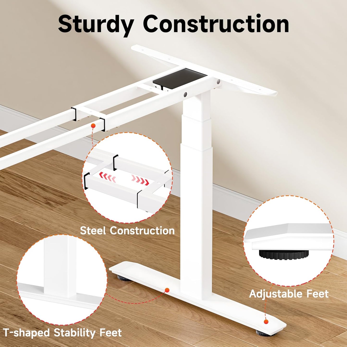 Okin Standing Desk Frame 3 Stage Dual Motor, Electric Stand Desk Legs Workstation up to 49.2",T-Shaped 270lb Load Adjustable Standing Computer Desk Base 43.3-71" for Home and Office,Glossy White