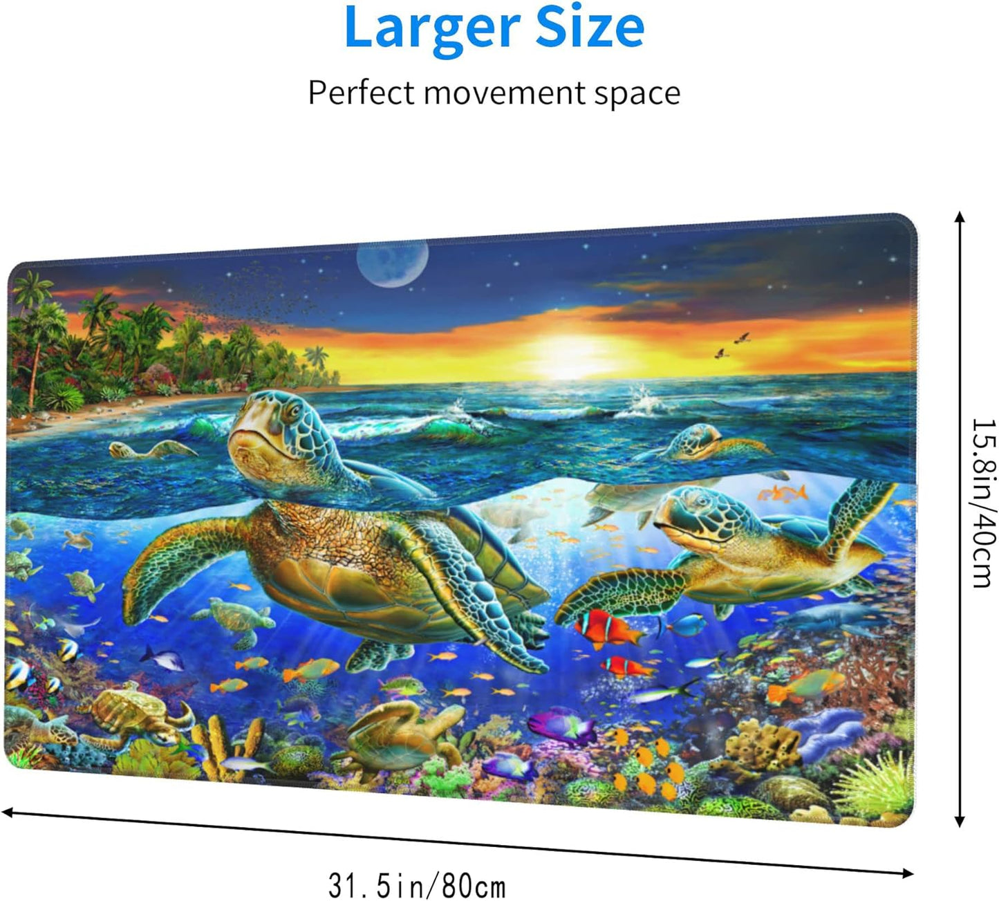 Desk Mat,Sea Turtle Extended Gaming Mouse Pad for Office Work & Game,Computer Keyboard Mouse Mat Desk Non-Slip Rubber Base Large Mousepad with Stitched Edges, 31.5x15.7inch