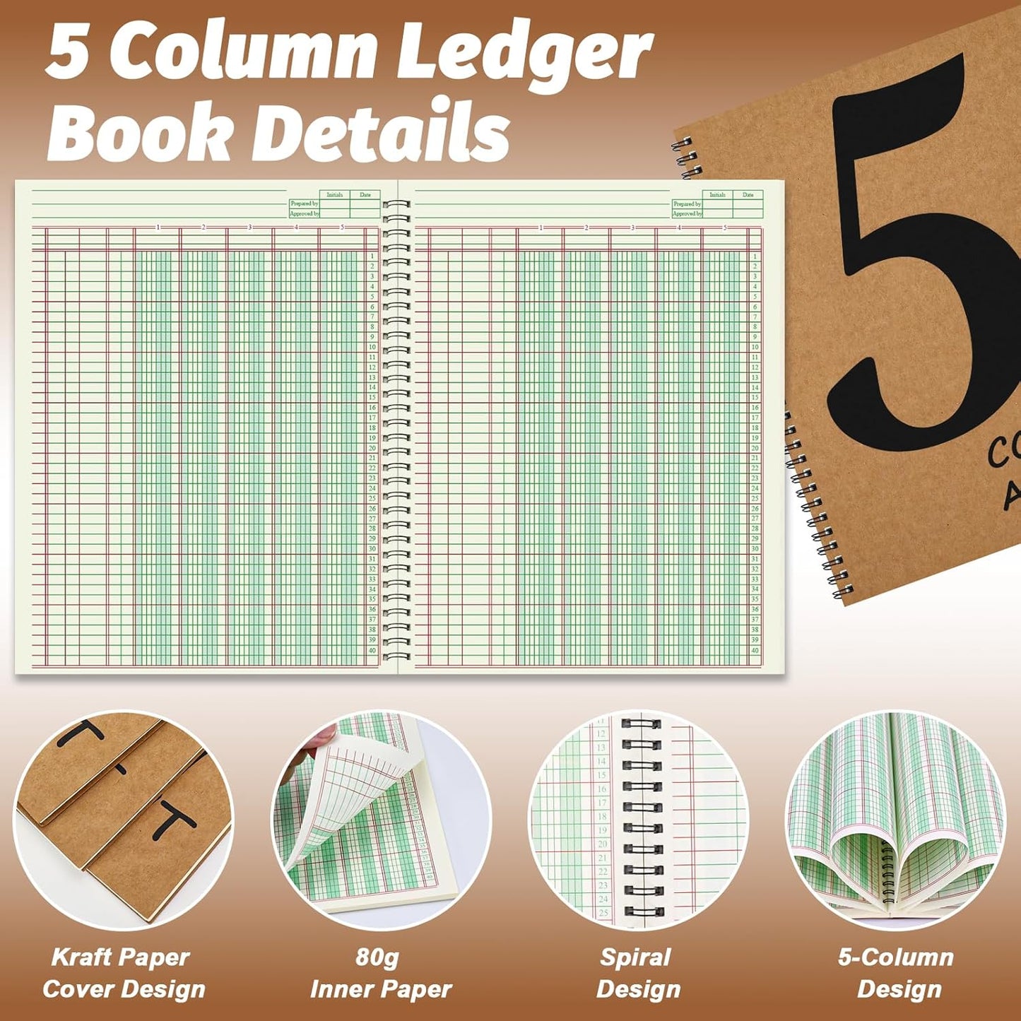 2 PCS 5 Column Ledger Book Accounting Ledger Paper Analysis Pad Financial Accounting Ledger 5 Column 8.5 * 11 Inches Log Book 5 Column 100 Pages for Bookkeeping Personal Use and Small Business