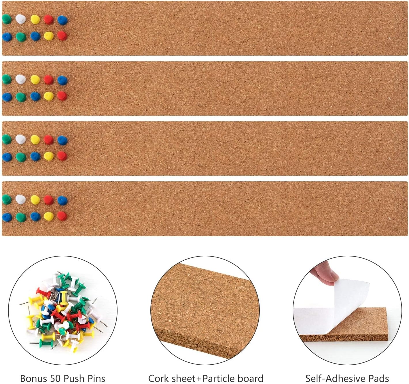 HBlife Cork Board Bulletin Board Bar Strip 15x2 Inch - 1/2 Inch Thick, Frameless Cork Board Strips with 50 Multi-Color Push Pins, Strong Self Adhesive Backing - 4 Pack