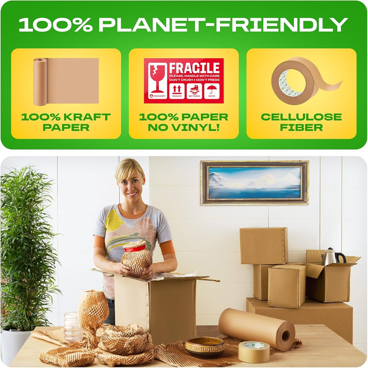 Honeycomb Packing Paper | Extra Thick 90 GSM Packing Wrap | Biodegradable Packing Materials: 12” x 200’ Moving Paper + 195’ Cellulose Adhesive Tape + 30 Fragile Stickers | Paper Bubble Wrap