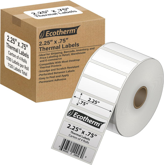 2.25" x .75" Thermal Labels | 4 Rolls | 7120 Labels | fits Zebra, Munbyn, Rollo, Godex, Arkscan, iDPRT, Offnova Thermal Label Printers and More | Blank White Adhesive Stickers by Ecotherm