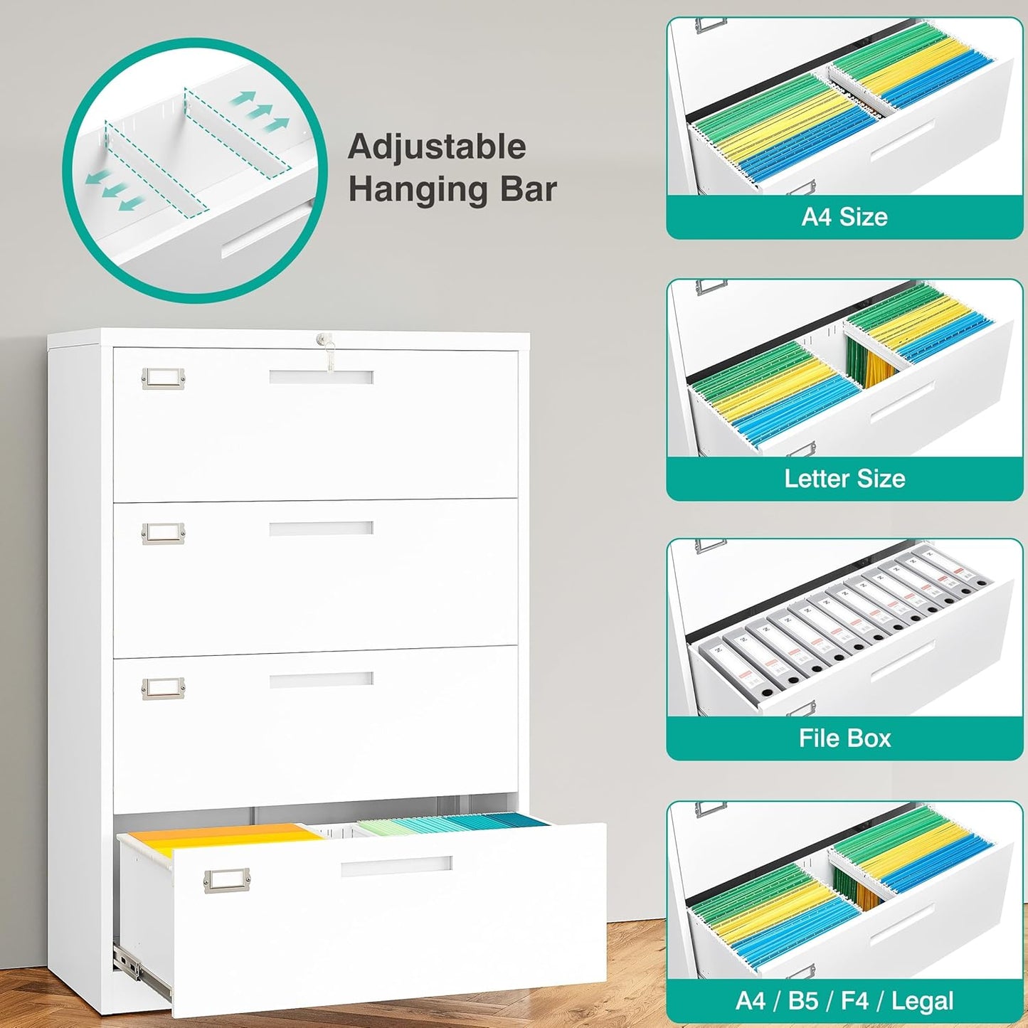 SISESOL 4 Drawer Lateral File Cabinet with Lock,White Lateral Filing Cabinet,Horizontal Metal Filing Cabinets,Locked Wide Four Drawer File Cabinets for Office Home,Fit A4/F4/Letter/Legal File