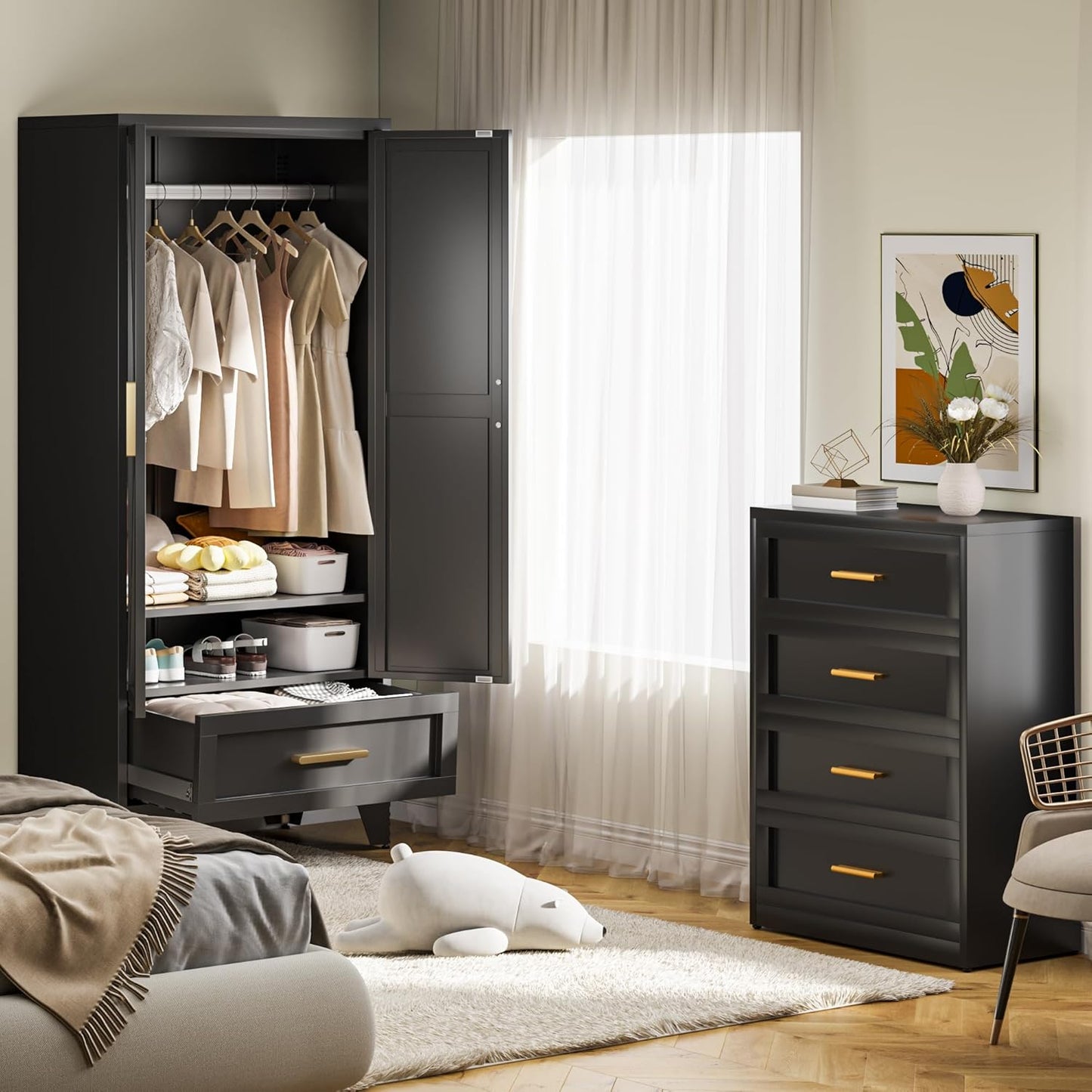 Metal Wardrobe Cabinet,71 Armoire Wardrobe Closet with Drawers and Hanging Rod,Metal Armoire with Adjustable Shelves for Closet,Bedroom,Farmhouse Storage Cabinet with Drawer(Black)