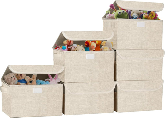 Small 8 Quart Linen Fabric Foldable Storage Bin Cube Organizer Basket with Lid & Handles, Collapsible Decorative Box Container for Home, Dorm, Closet, Beige, 10"x8"x6", 6-Pack