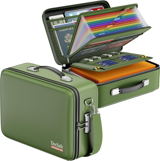 DocSafe Fireproof Document Box with Lock, Hard Case File Organizer with Accordion File Folder, Fireproof Water Resistant Safe Box Home Office Travel Storage for Important Documents Laptop Green