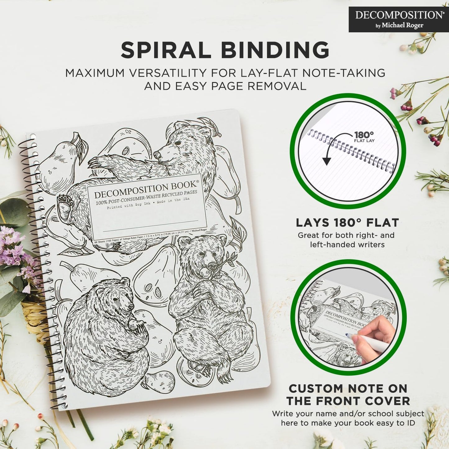 Decomposition Pear Bears College Ruled Spiral Notebooks – 9.75 x 7.5 Journal with 160 Lined Pages – Notebooks for School Supplies, Home & Office – 100% Recycled Paper – Made in USA