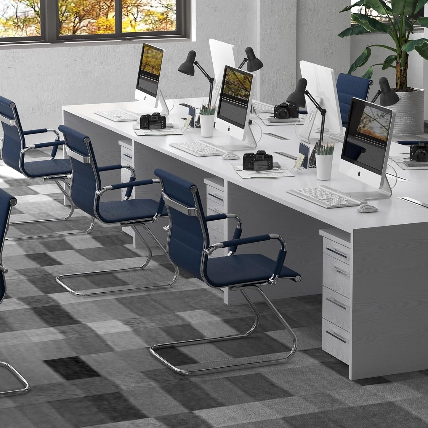 Office Desk Chair Set of 8,No Wheels PU Leather Computer Chairs Mid Back Guest Chairs with Seld Base for School/Reception/Conference/Waiting Room,Navy Blue