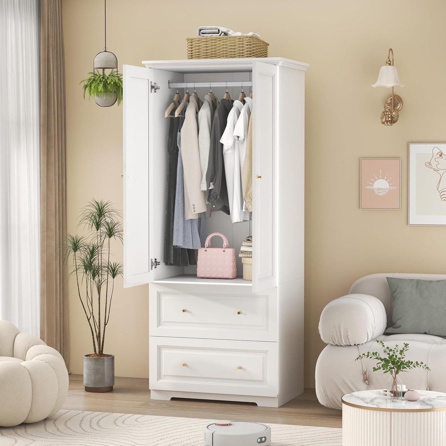 White Armoire Wardrobe Closet with Drawers: Wardrobe Closet for Hanging Clothes, Modern Bedroom Armoires with Hanging Rod, Wardrobes Closets with Doors and Shelves (White, 31.5")