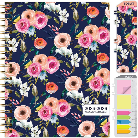 HARDCOVER Academic Year 2025-2026 Planner: (June 2025 Through July 2026) 8.5"x11" Daily Weekly Monthly Planner Yearly Agenda. Bookmark, Pocket Folder and Sticky Note Set (Small Navy Floral)