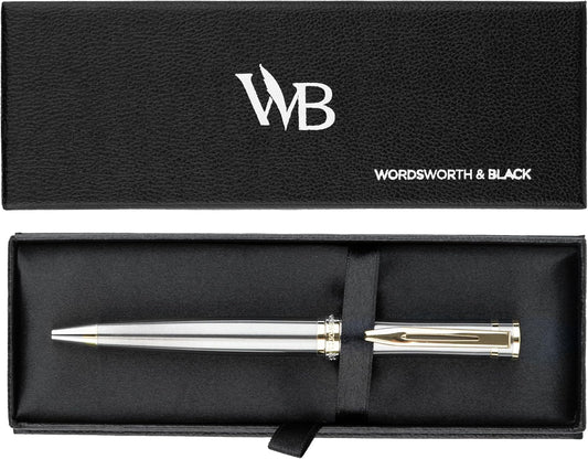 Wordsworth and Black Luxury Ballpoint Pen Set - Silver Lacquer 24K Gold Finish, Refillable Fine Point, Elegant Gift for Men & Women, Includes Ink Refill, Nice Pens for Work