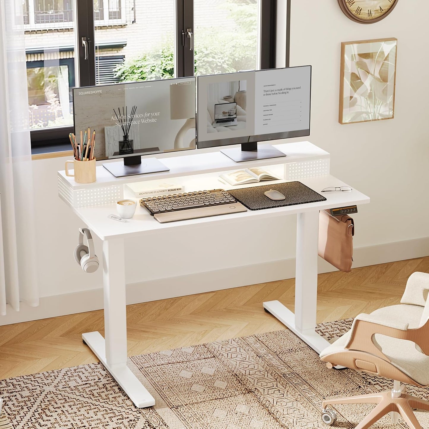 Claiks Electric Standing Desk with Shelf, 55 Inch Height Adjustable Standing Desk with LED Lights & Monitor Stand, White Frame/White Top