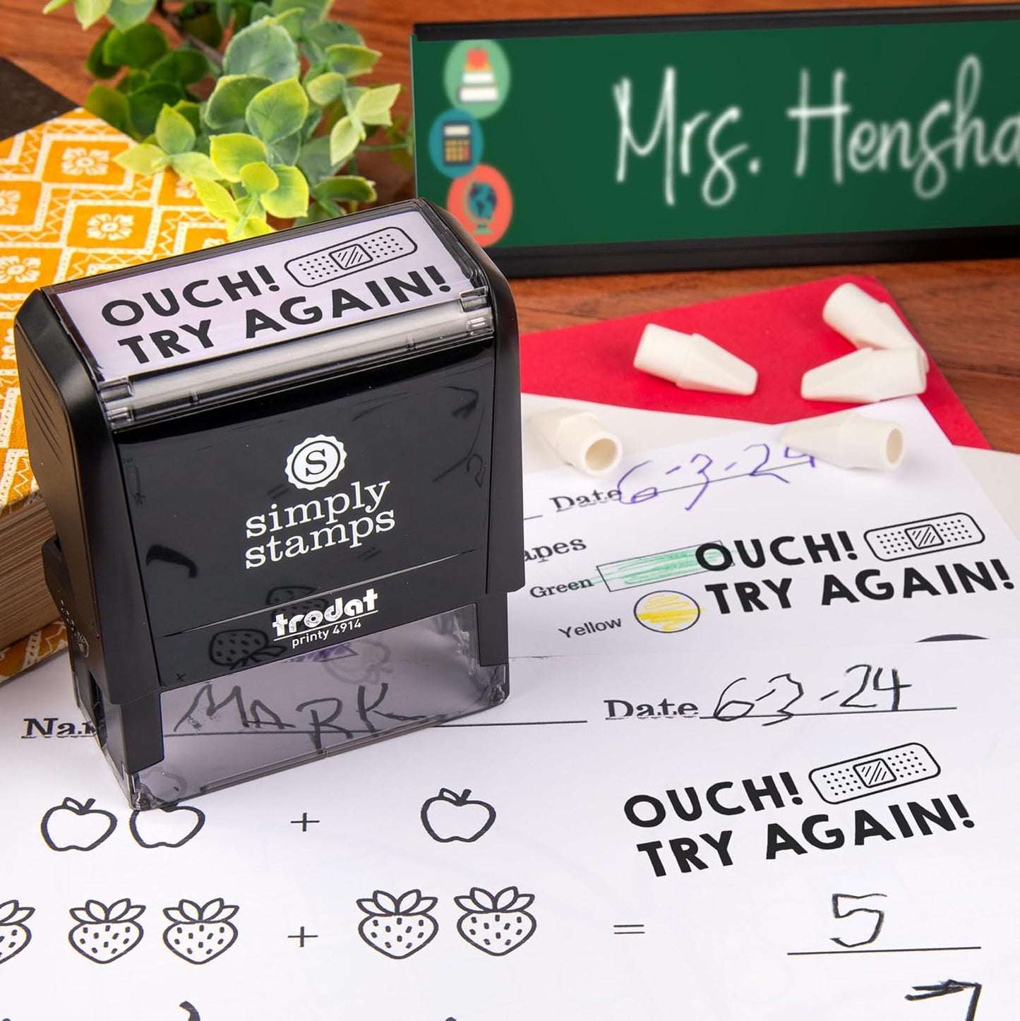 Custom Self-Inking Teacher Stamps | 49 Designs | Fun Teacher Phrases | Grading Made Easy | Classroom, Teacher and Library Book Stamps (Ouch! Try Again!, Large)