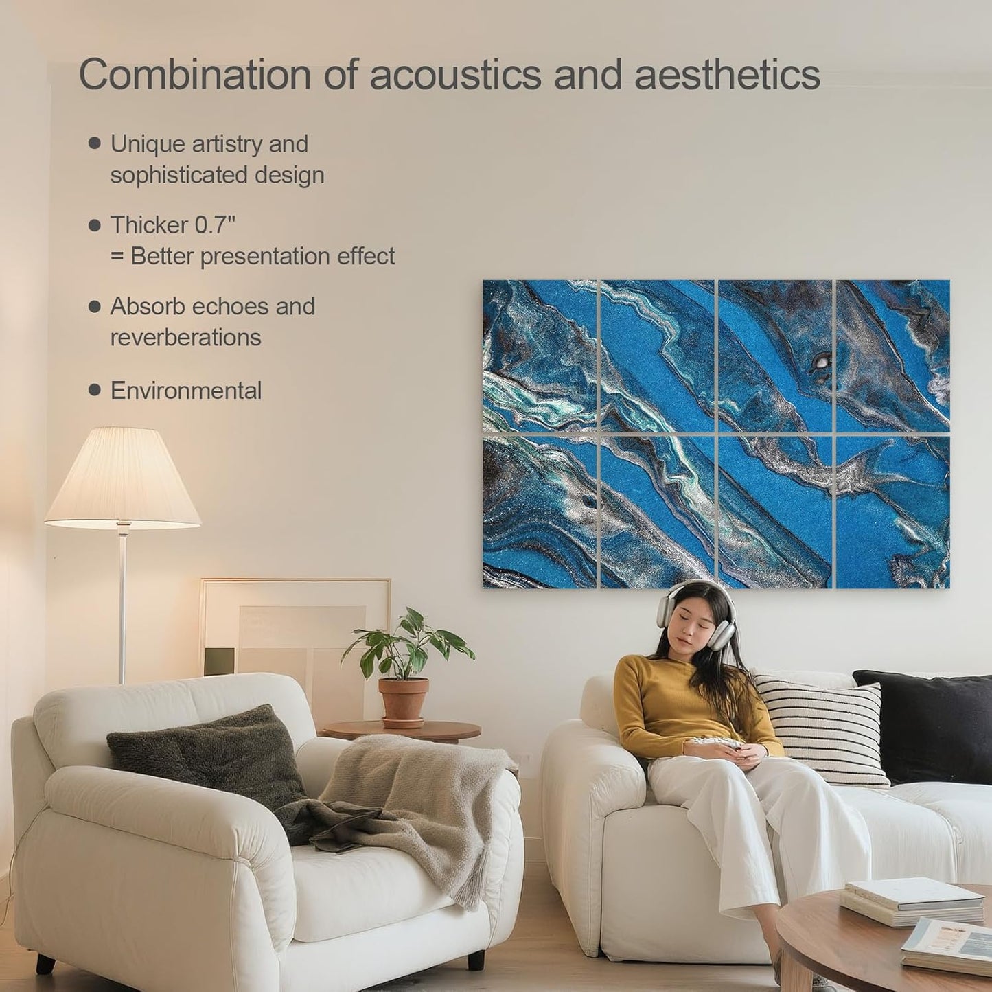 UMIACOUSTICS 8 Pcs 0.7Inch Thick Art Acoustic Panels, Total 47.2” x 31.5” Decorative Sound Absorbing Art Panels, Acoustical Wall Panels for Home, Office, Hotel, Dark Night Blue