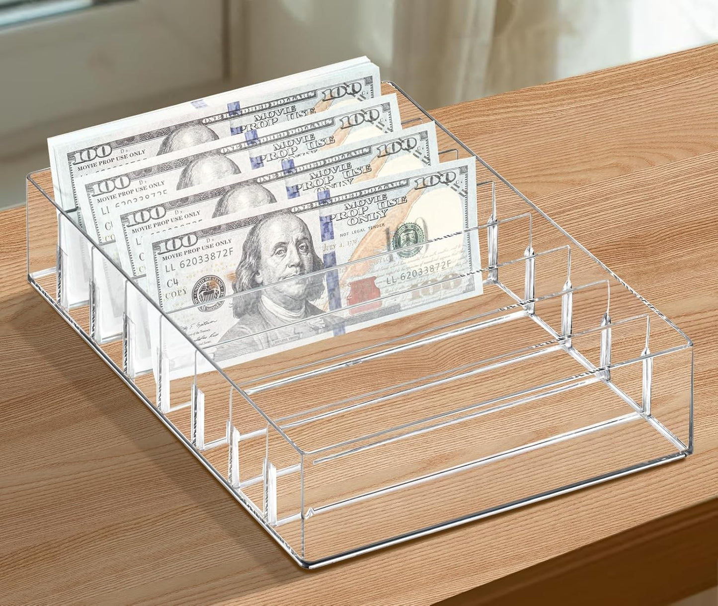 XUWAIDSGN Large Acrylic Cash Organizer 8 Section Clear Money Budget Tray Organizer Plastic Divider Bill Storage Holder for Cash Envelope (Clear)