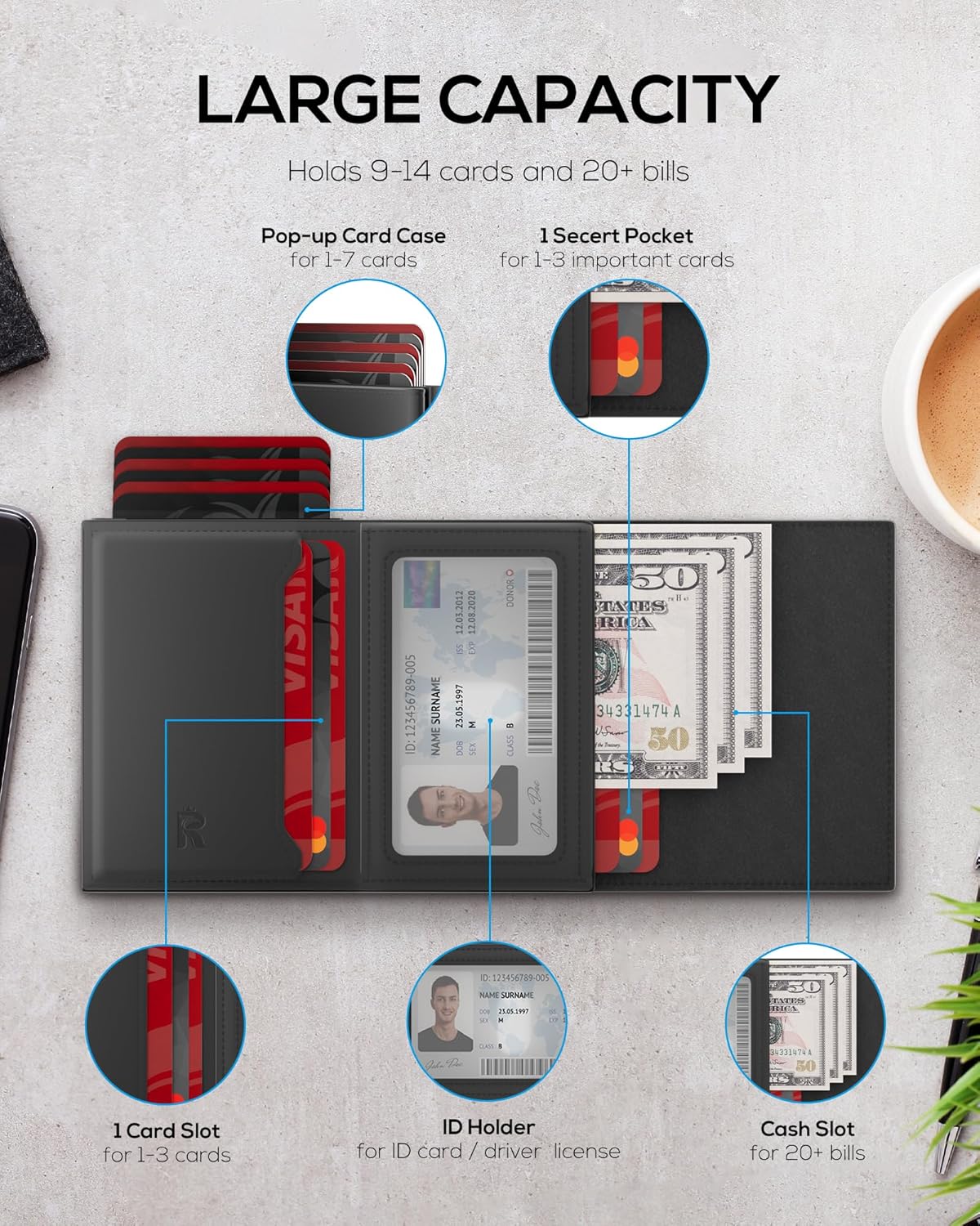 Mens Wallet Card Holder - Smart Wallet for Men, Pop Up Card Case, Top Grain Leather, RFID Blocking, Slim, Minimalist, Ultra Thin, Front Pocket, 9-14 Card Capacity | ID Window | Cash Slot (Black)