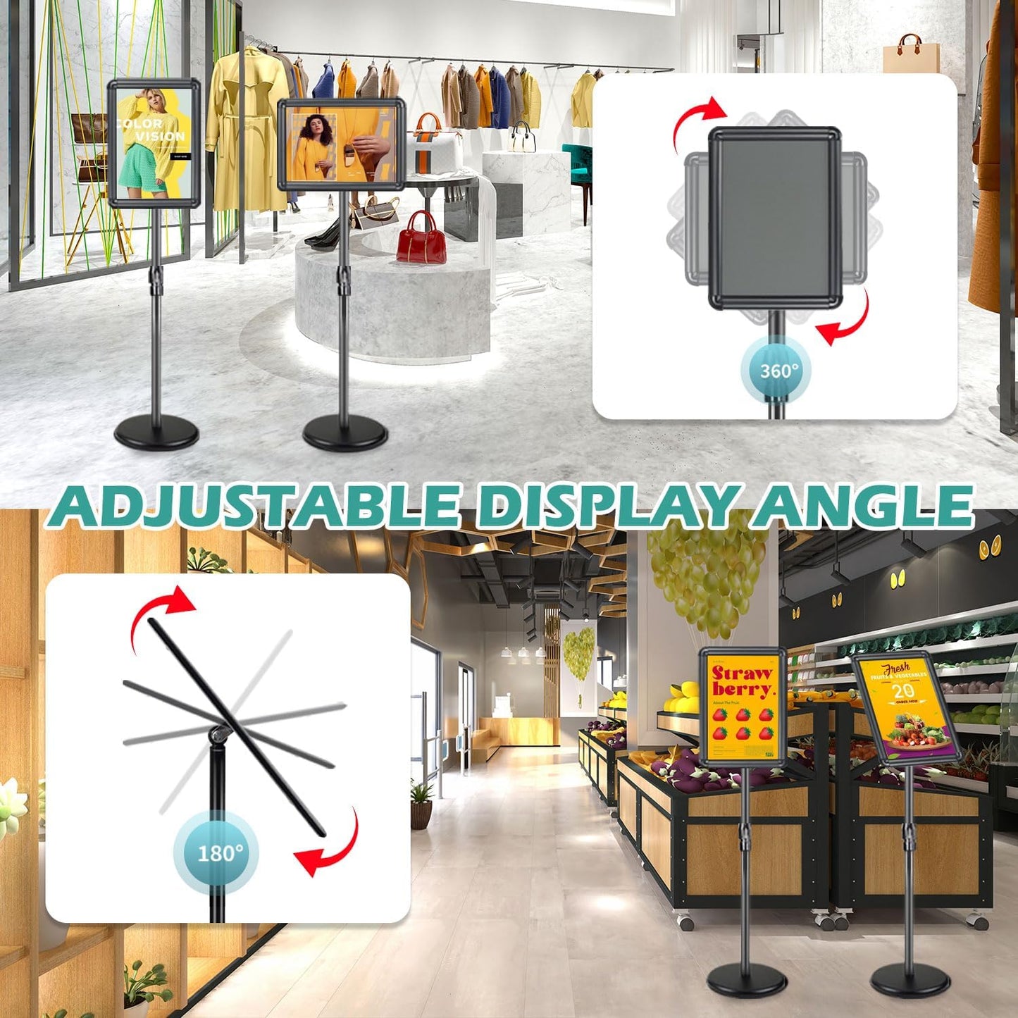 Sign Holder - 6 Packs Adjustable Standing Sign Stand Holder, Pedestal Floor Poster Stand 8.5x11 inch, Snap Frame for Vertical and Horizontal View, Sign Display Stand for Business Mall, Black