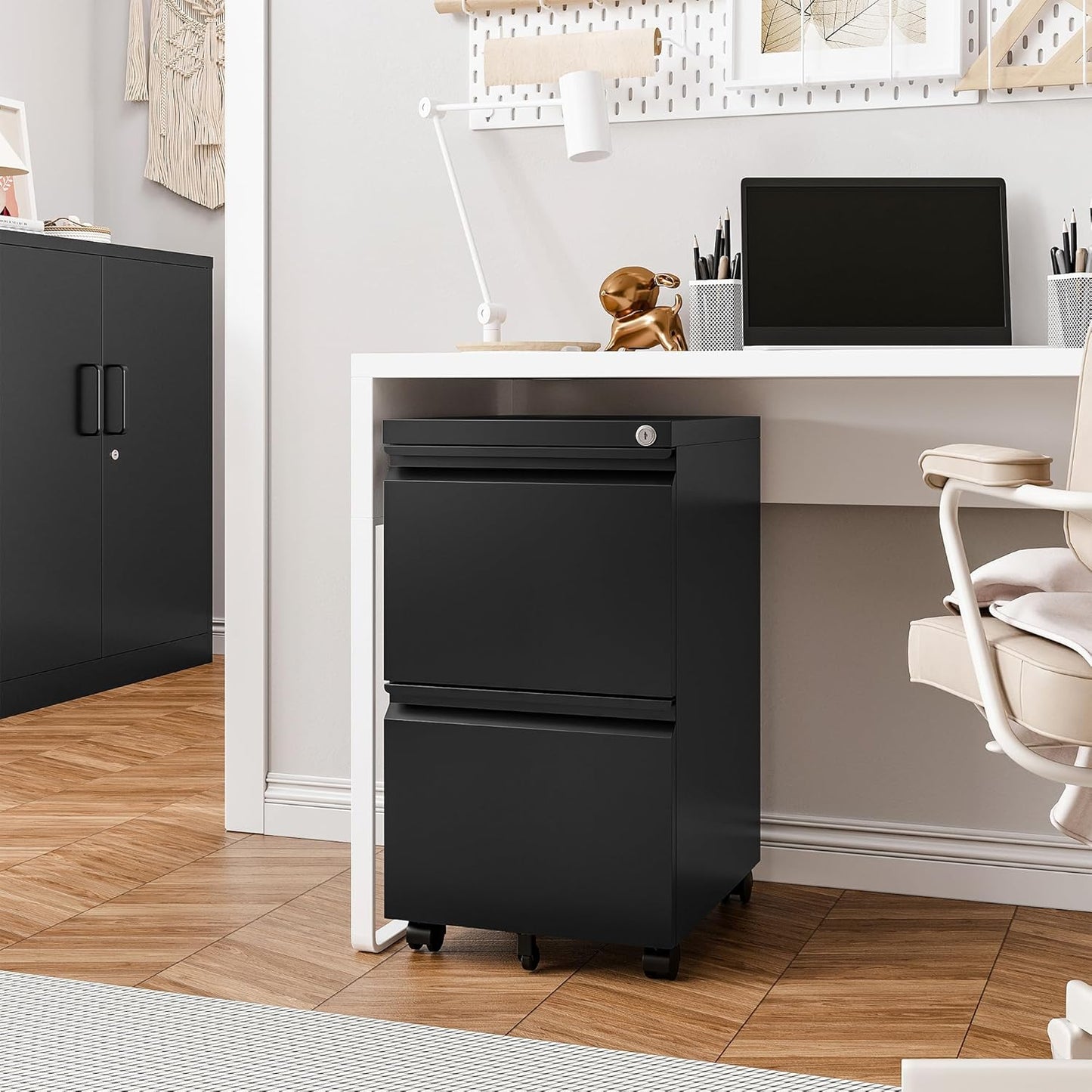 Mobile File Cabinet with Lock - 2 Drawer, Small Rolling Cabinet for Home Office, Legal/Letter/A4 (Black)