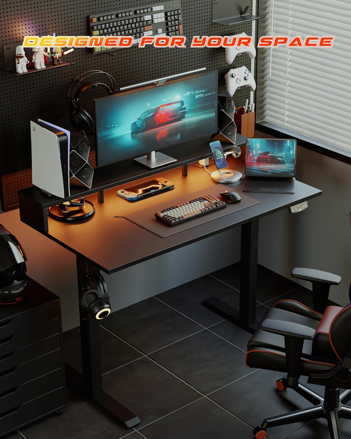 Electric Height Adjustable Standing Desk with Power Outlet and LED Light Strip, Sit to Stand, Ergonomic 48x24 Rising Desk with Memory Presets, Home Office Workstation, Computer Gaming Table, Black