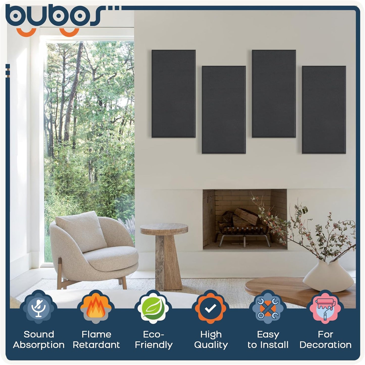 BUBOS 4 PCS Acoustic Panels,23.6''x11.8'' Fabric Soundproof Wall Panels,Self-adhesive Sound Absorbing Panels for Studios, Office, Home Theater,Fabric-Clad Black