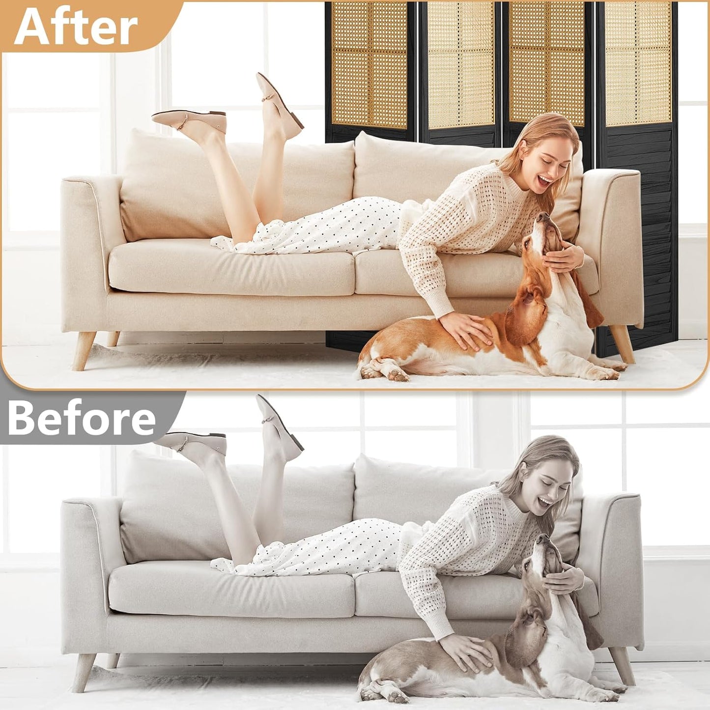 4 Panel Rattan Room Divider Panel, 5.6Ft Partitions and Dividers, Louvered Partition Divider, Room Dividers Screen, Solid Wood Frame, Folding Screen, Bedroom, Family Room, Black