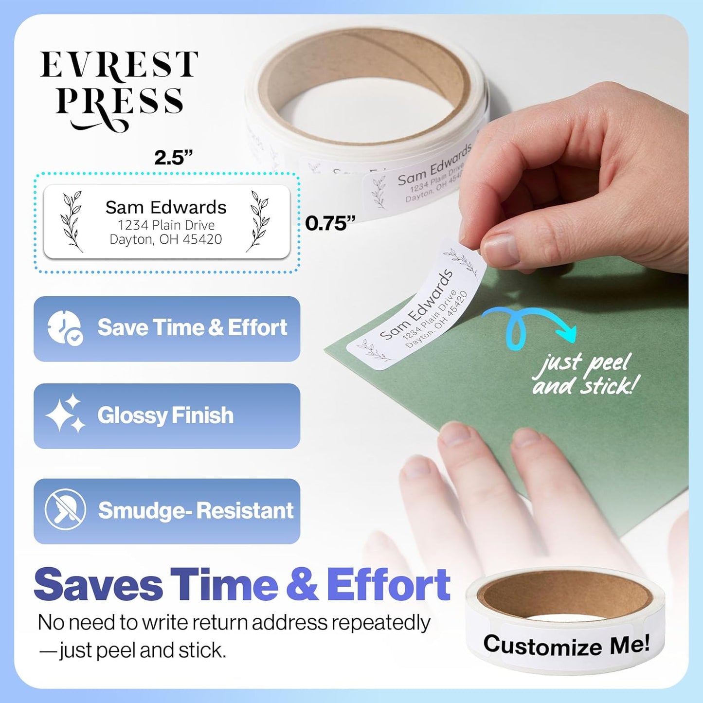 200 Personalized Address Labels - Glossy White Return Address Label 2.5" x 0.75'', Stylish Fonts for Envelopes & Packages, Customizable Labels for Home or Office Use