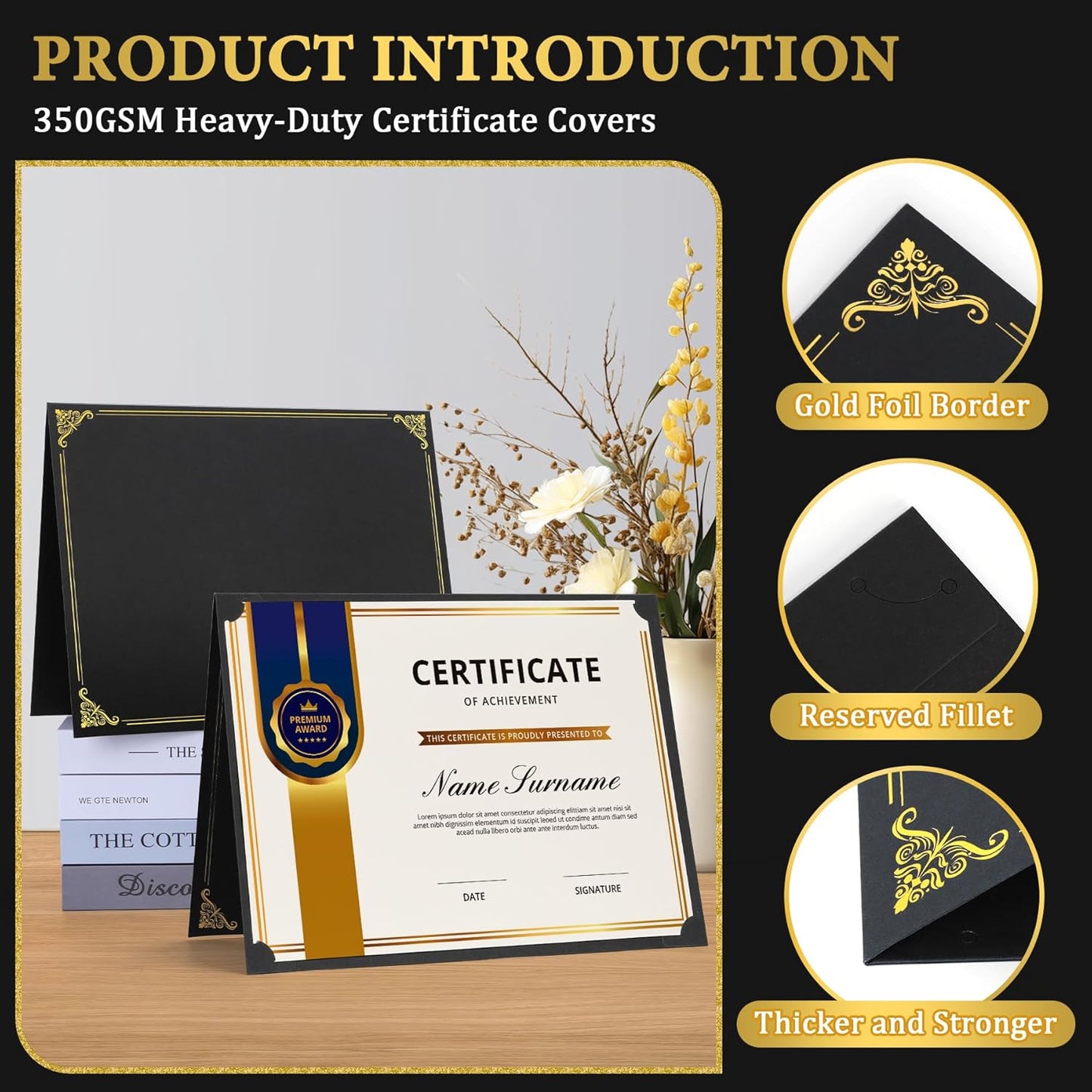 Ndsox 120 Packs Black Certificate Holders, Graduation Diploma Holders, 350GSM, Diploma Covers with Gold Foil Border for Letter Size 8.5" x 11" Award Certificate Paper, Cardstocks and Documents