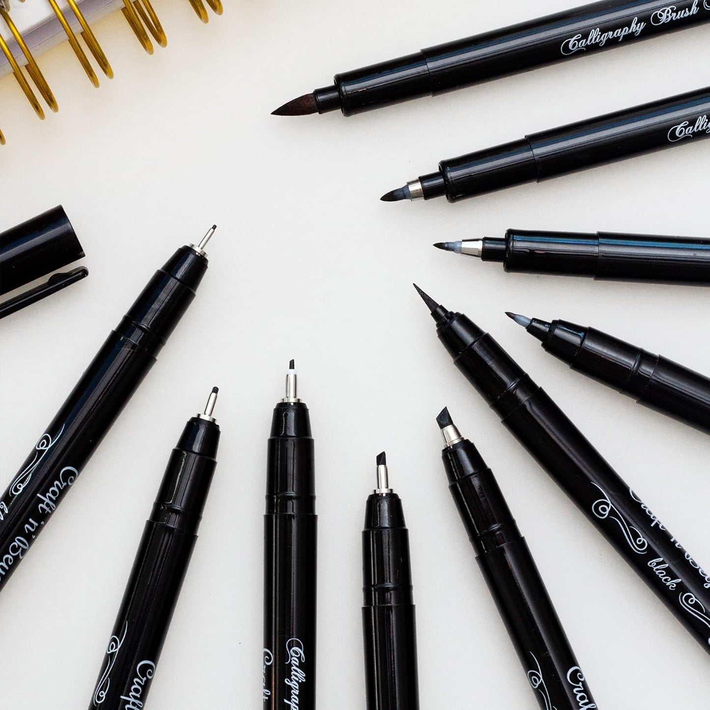 Craft 'n' Beyond Calligraphy Brush Pens Pack of 10 Markers for Hand Lettering, Art Drawing, Sketching, Scrapbooking, Journaling - Beginner Kit with Fadeproof Black Ink