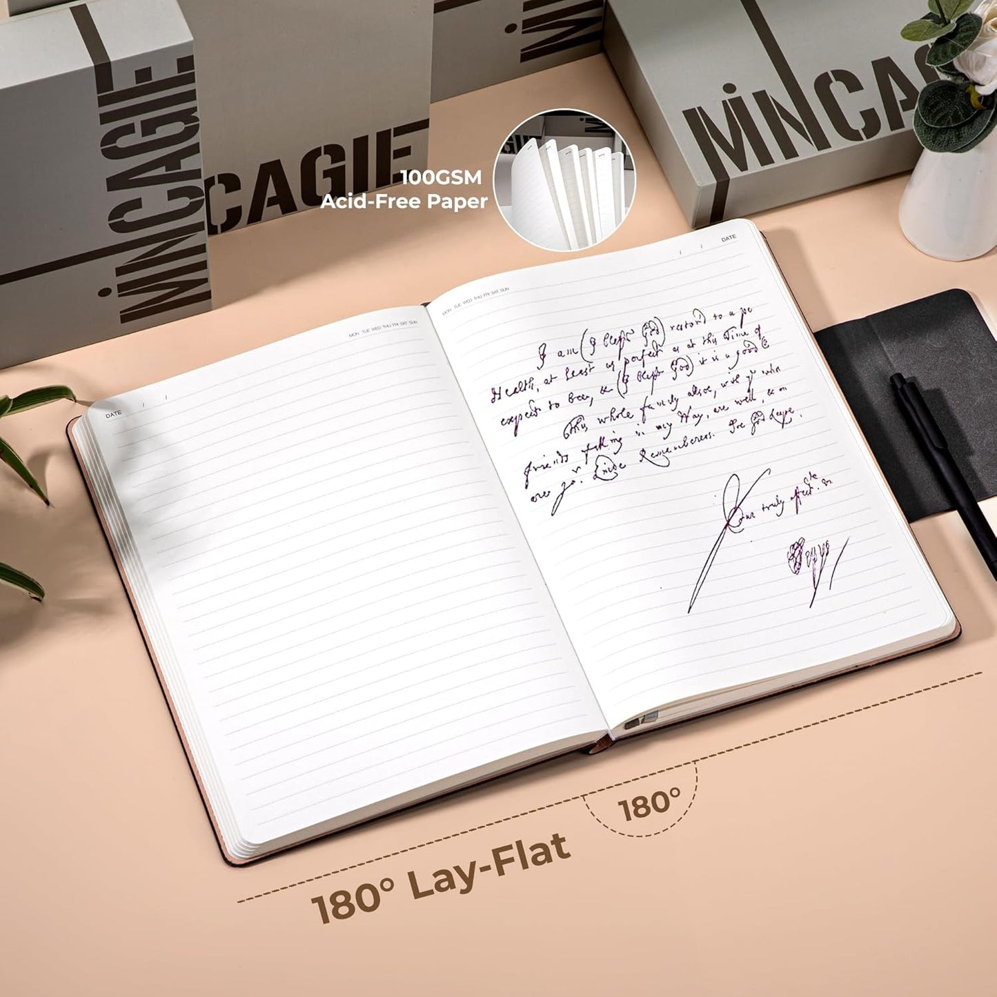 MINICAGIE Lined Leather Journals for Writing A5 Journaling Notebooks with 100 GSM Thick Paper Journal Notebook for Men & Women with Buckle Closure, Work Travel Note Taking Diary, 5.7" x 8.3", Grey