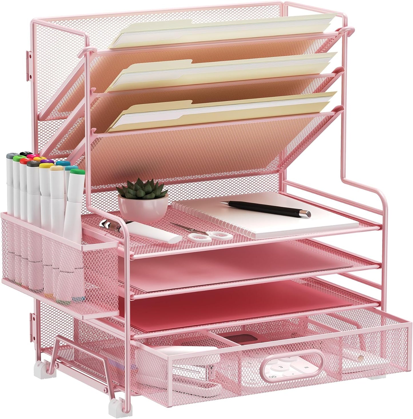 4-Tier Paper Organizer + 3-Pocket File Holder + Drawer + Pen Holders, Desktop File Organizers Paper Tray for Office Supplies School Classroom Organization (Pink, with Drawer & Pen Holder)