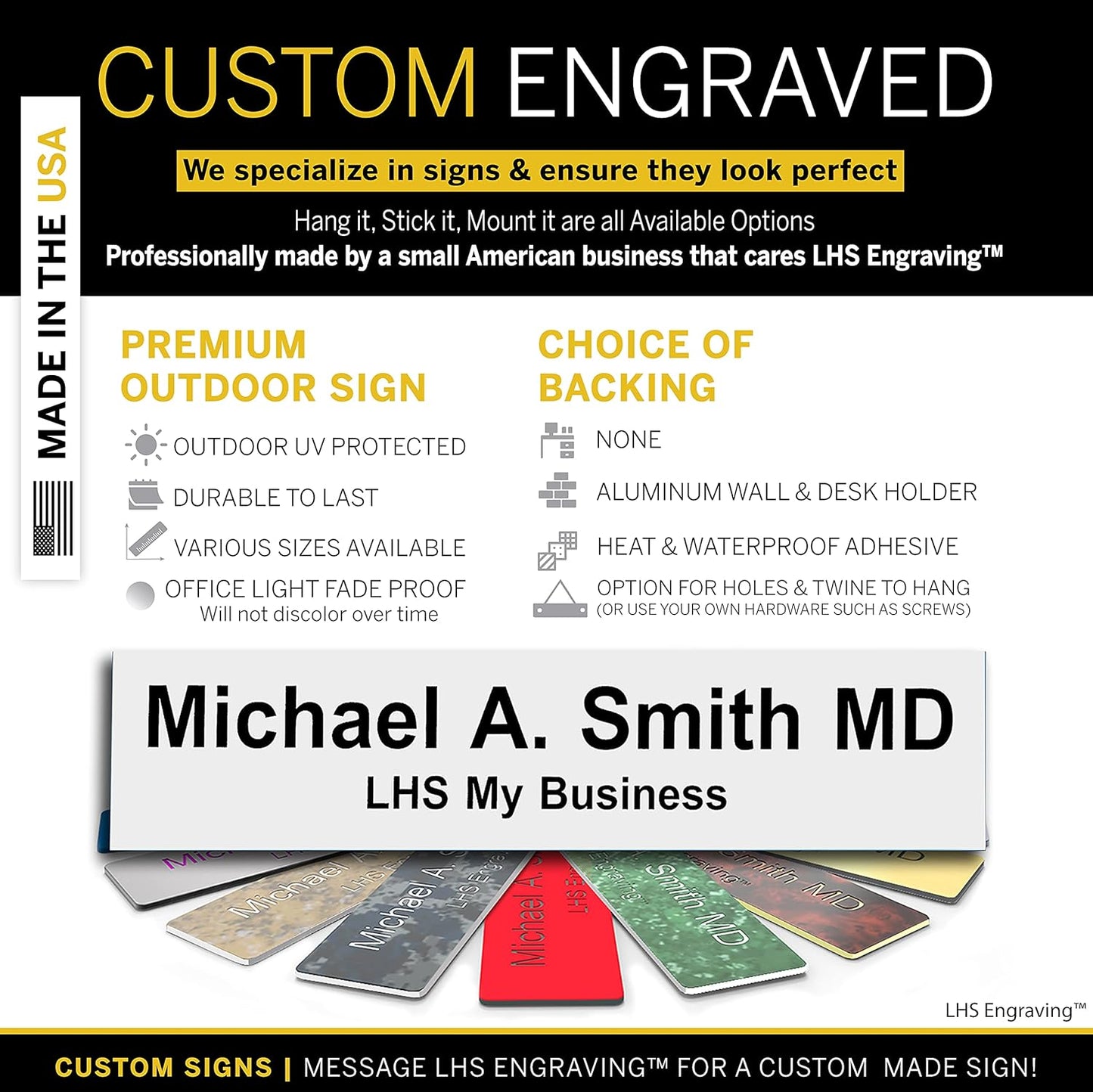 Door Name Plate Personalized for Office White Plastic Name Plate Black Letters - Made in USA 2x10 B16