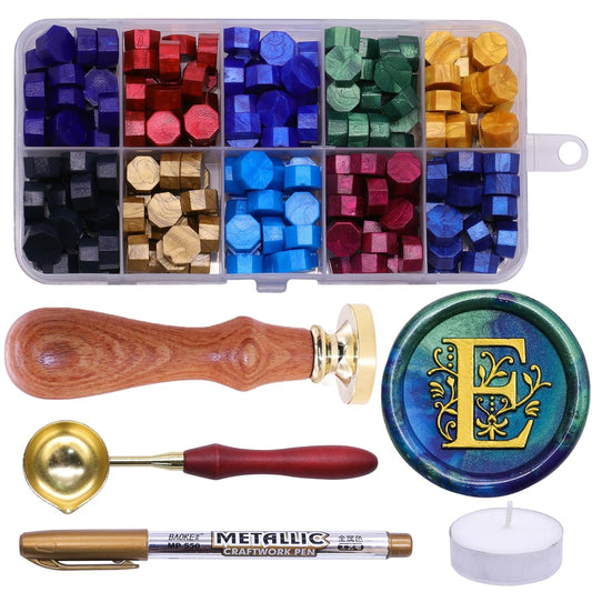 SWANGSA Initial Alphabet E Wax Seal Stamp Kit, Classic Retro Letter Sealing Stamp with 200pcs Sealing Wax Beads Kit for Wedding Invitations Cards Envelopes (E)