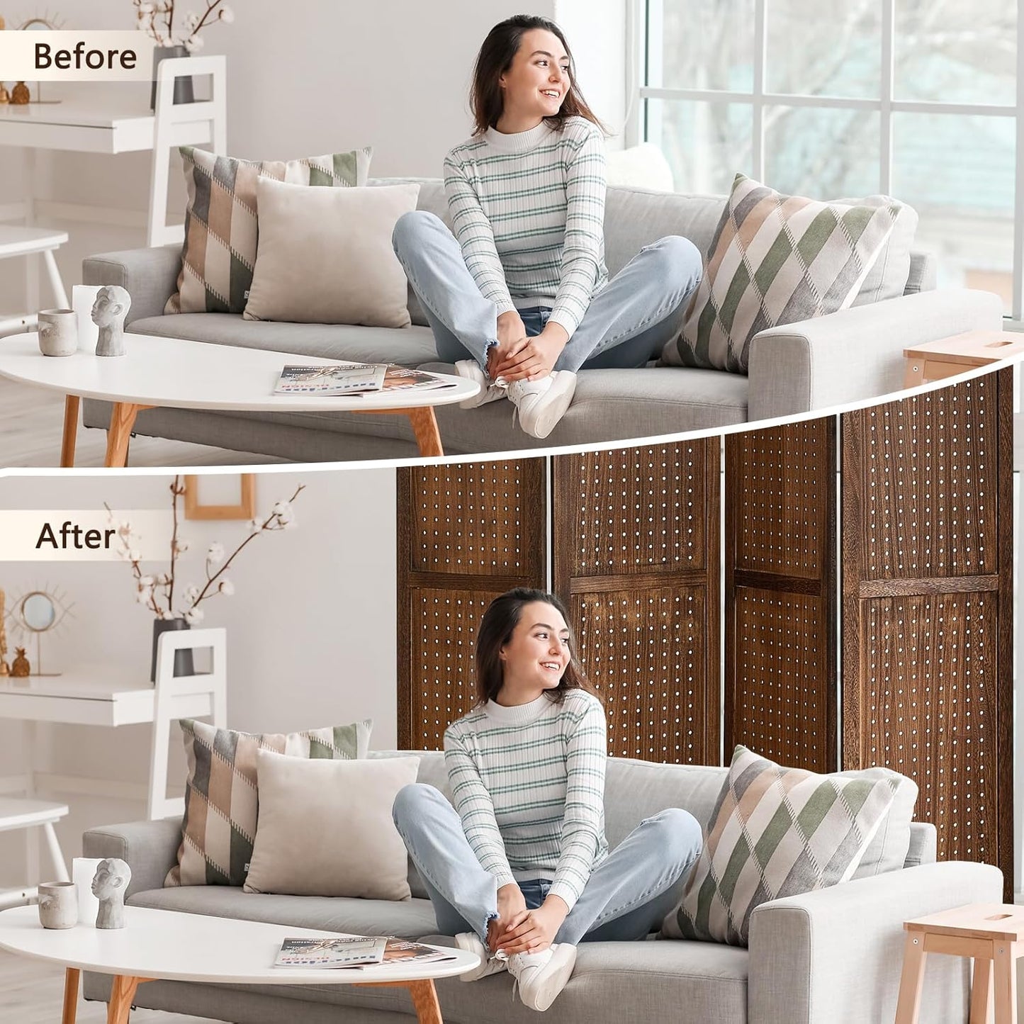 4 Panel Pegboard Display with 16 Hooks, Wooden Room Divider Wall and Folding Privacy Screens, Privacy Dividers for Rooms, Pegboard Room Divider, Jewelry Store, Bedroom, Balcony, Dark Brown