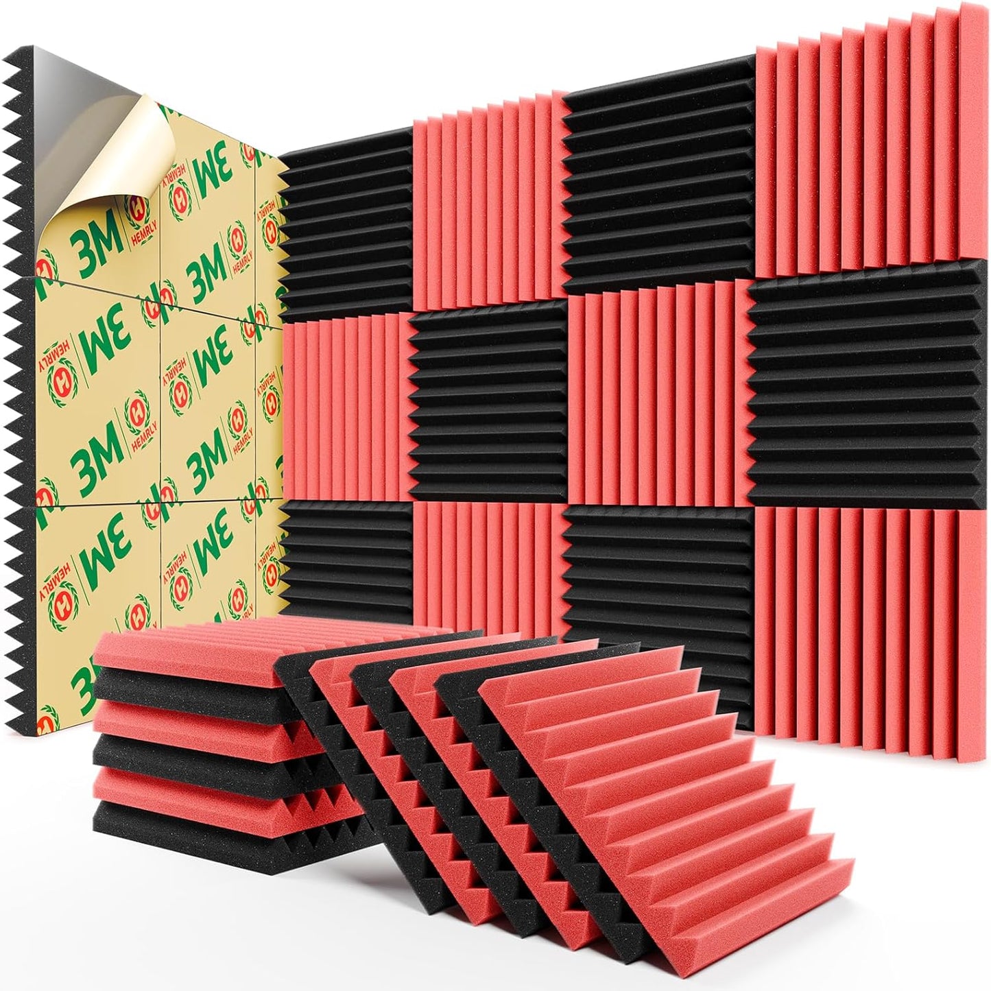 12 Pack Sound Proof Foam Panels for Walls,Self-Adhesive Foam Acoustic Panels Sound Absorbing,High Density Quick-Recovery Soundproof Wall Panels 12" X 12" X 1"-Black and Red