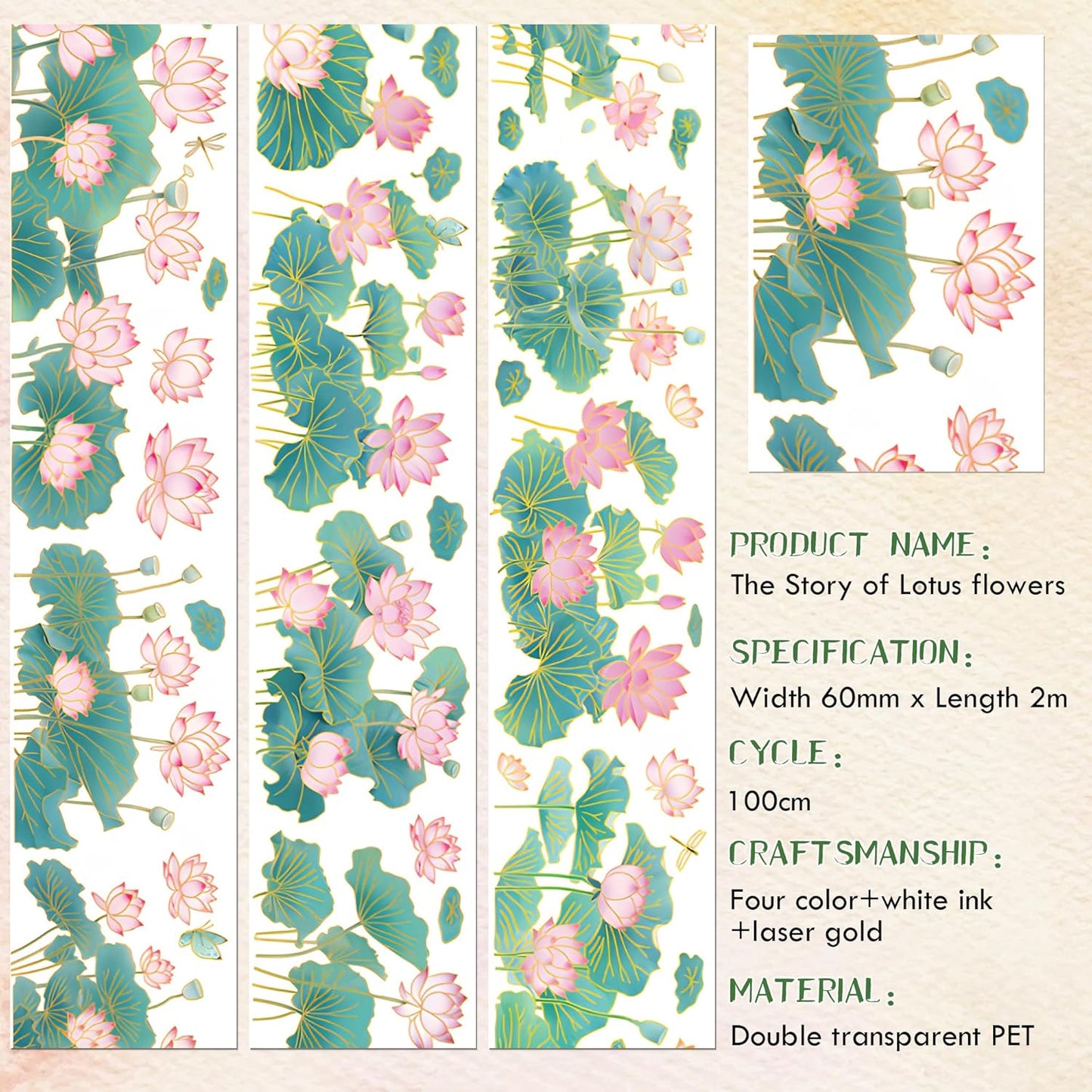 PET Tape for Journal Scrapbooking - Green Pink Lotus Journal PET Tape Scrapbook Supplies, Scrapbook Notebook Bottle Crafts Décor