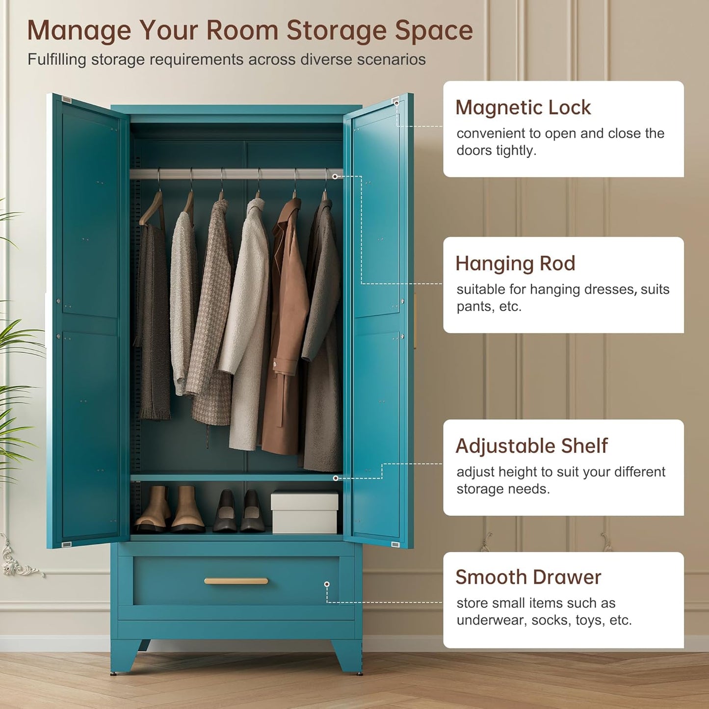 71" Tall Metal Wardrobe Cabinet with Drawer and Hanging Rod, 2 Doors Armoire Wardrobe Closet with Shelf for Bedroom, Office, Laundry Room, Blue