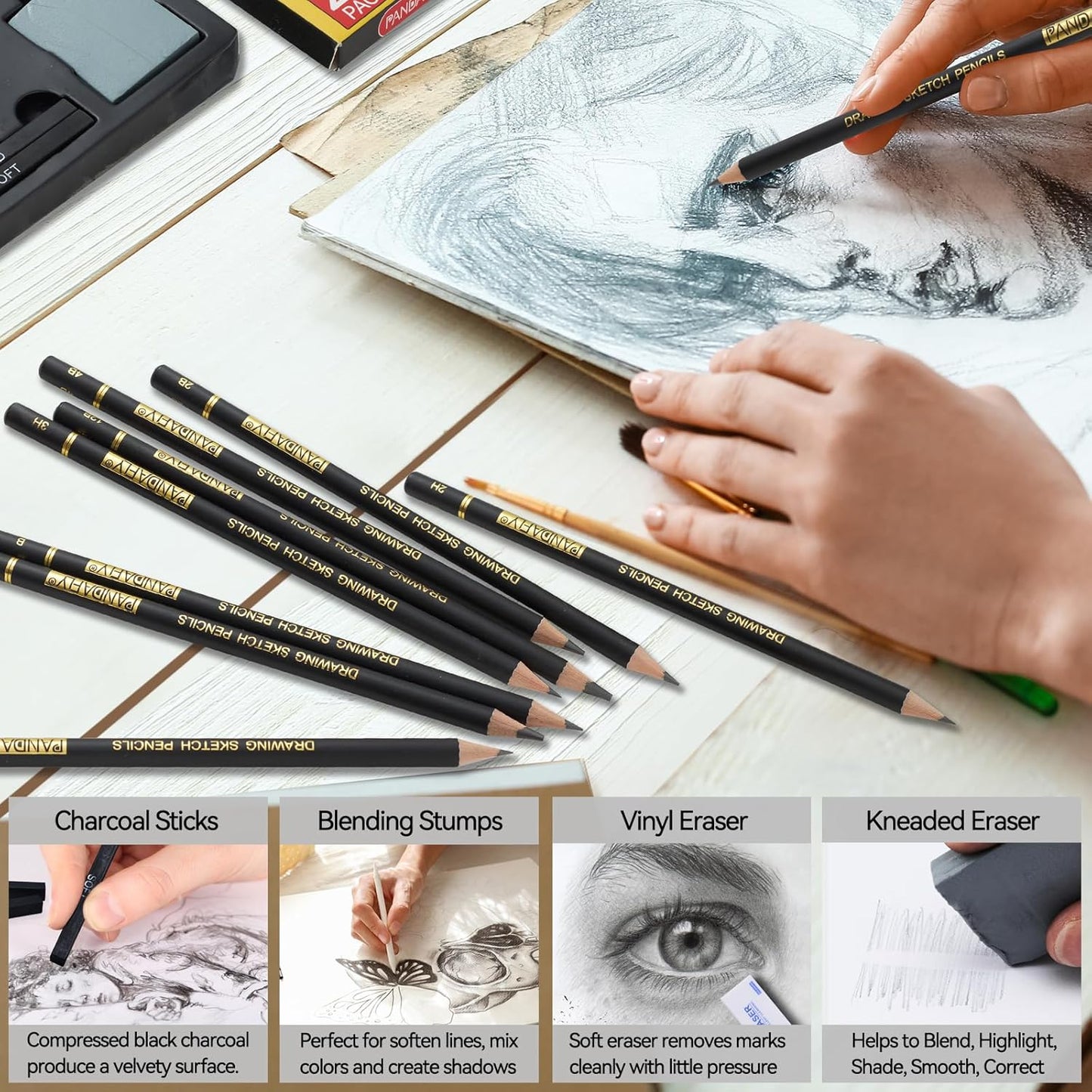 PANDAFLY 26-Piece Professional Sketch Pencil Set - Includes 4H to 14B Graphite Pencils, Charcoal Pencils, Charcoal Sticks, Vinyl Eraser, Kneaded Eraser, Sharpener, Blending Stump