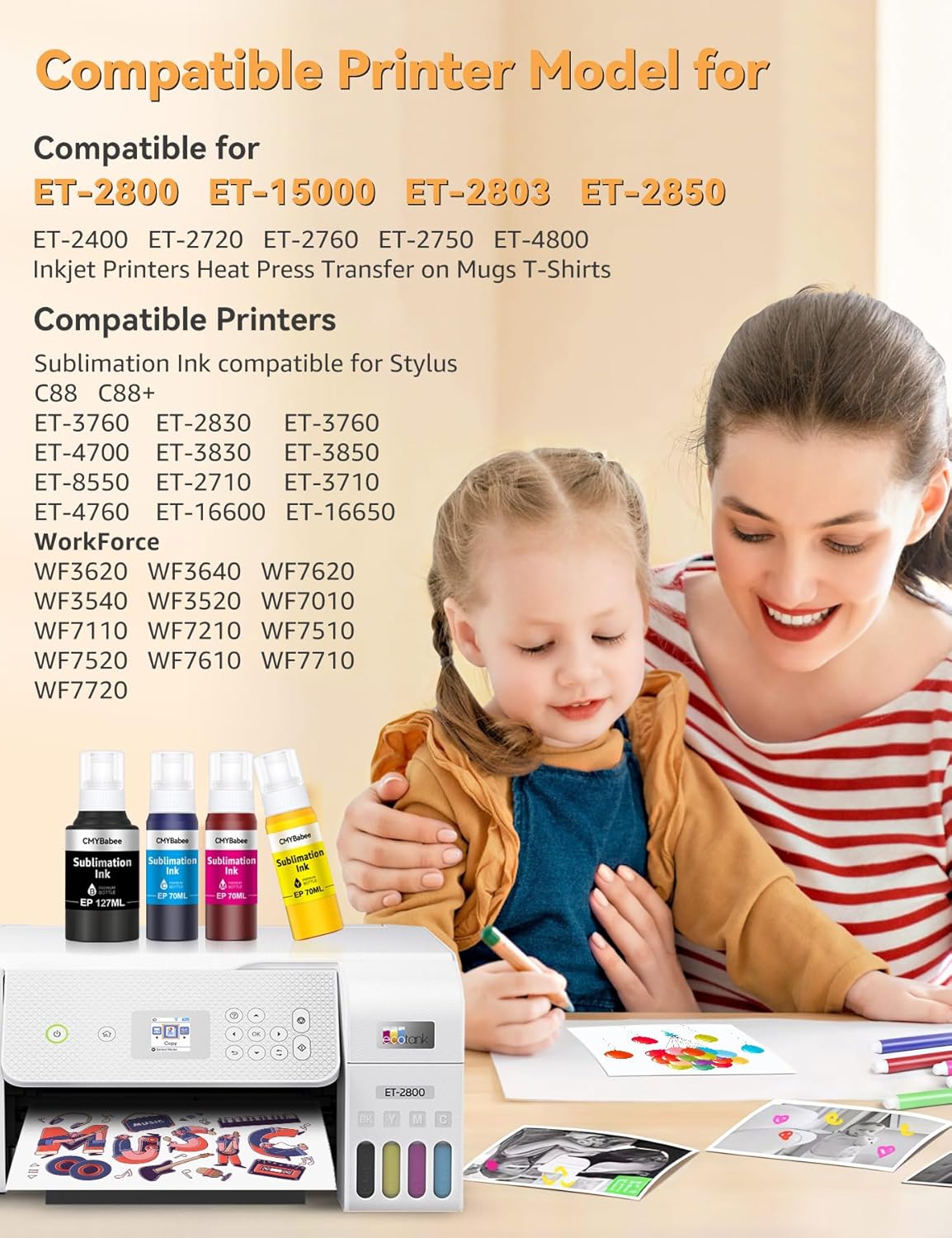 CMYBabee Sublimation Ink Refill Bottles Compatible for Epson Printers ET2800 ET15000 ET8550 ET2400 ET4800 ET2850 ET2803 ET3830 ET3850 ET4850 Heat Press Transfer on Mugs T-Shirts(4 Pack)