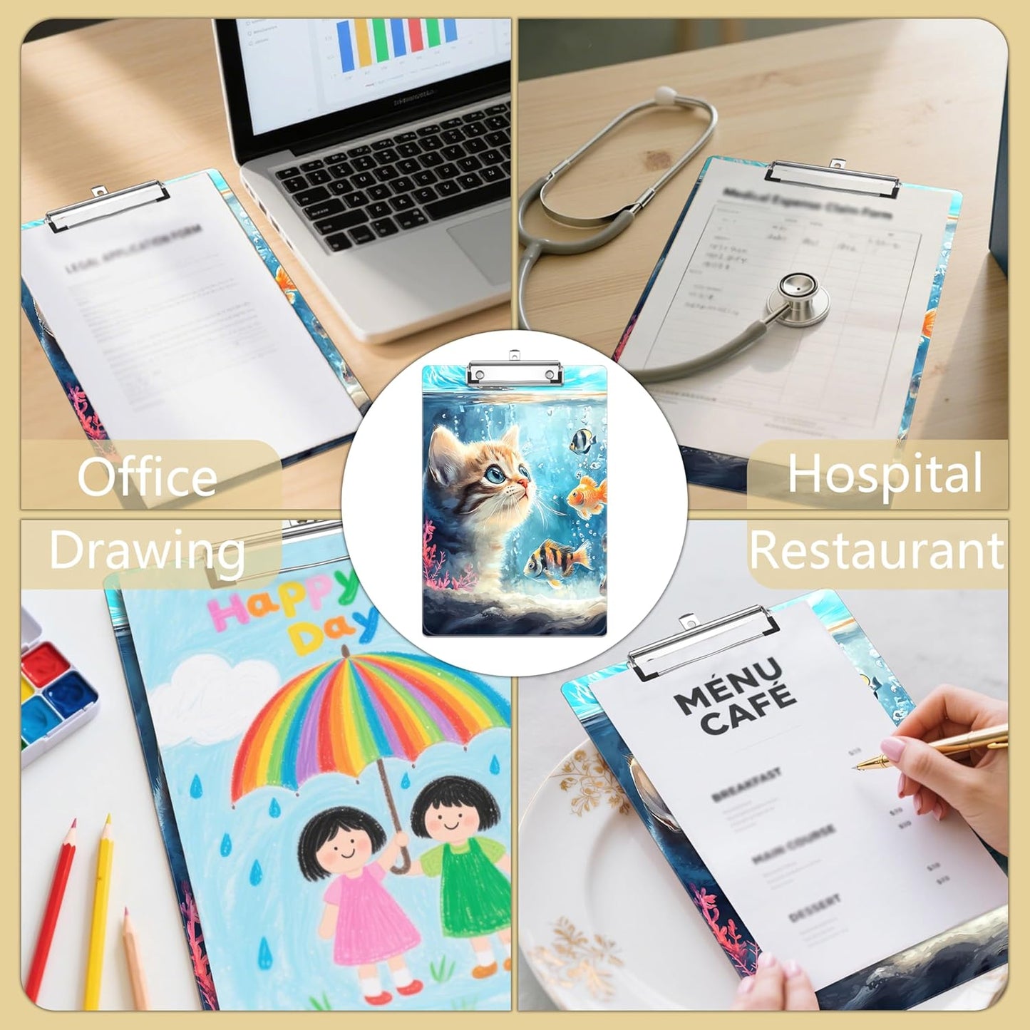 Cat Watching Fish Plastic Clipboards,Decorative Plastic Acrylic Clipboard for Teacher Social Worker Students Office Supplies 8 * 12