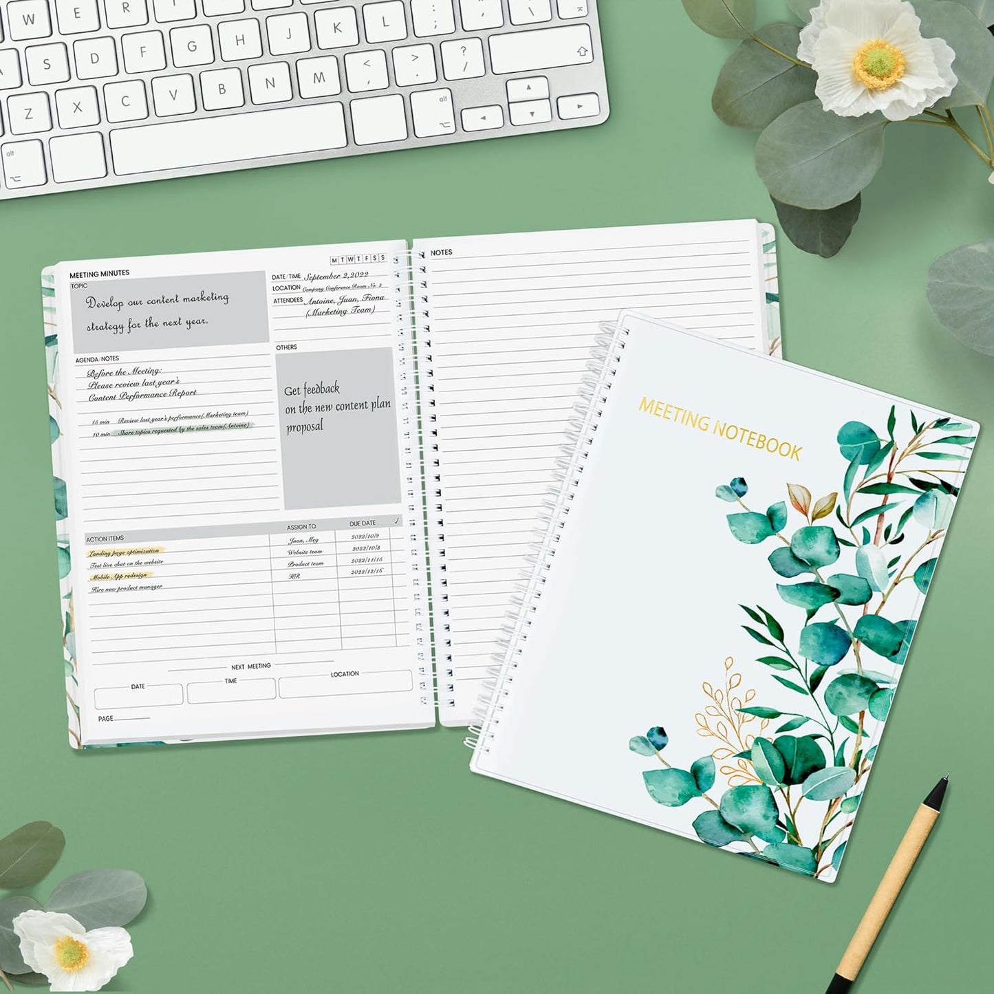 SUNEE Half Meeting Half Note - 8.5"x11" Professional Notebooks for Work - 160 Pages, A4 Size Project Planner, Spiral Meeting Agenda/Minutes Organizer for Women Men, Note Taking, Office & Business