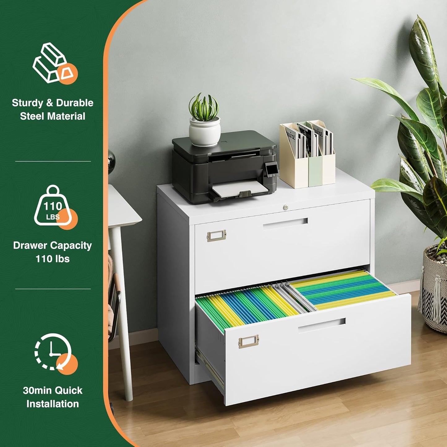 Letaya 2 Drawer Metal Filing Organization Office Cabinets with Lock,Lateral File Cabinets for Home Office Hanging Files Letter/Legal/F4/A4 Size (2 Drawer-White)