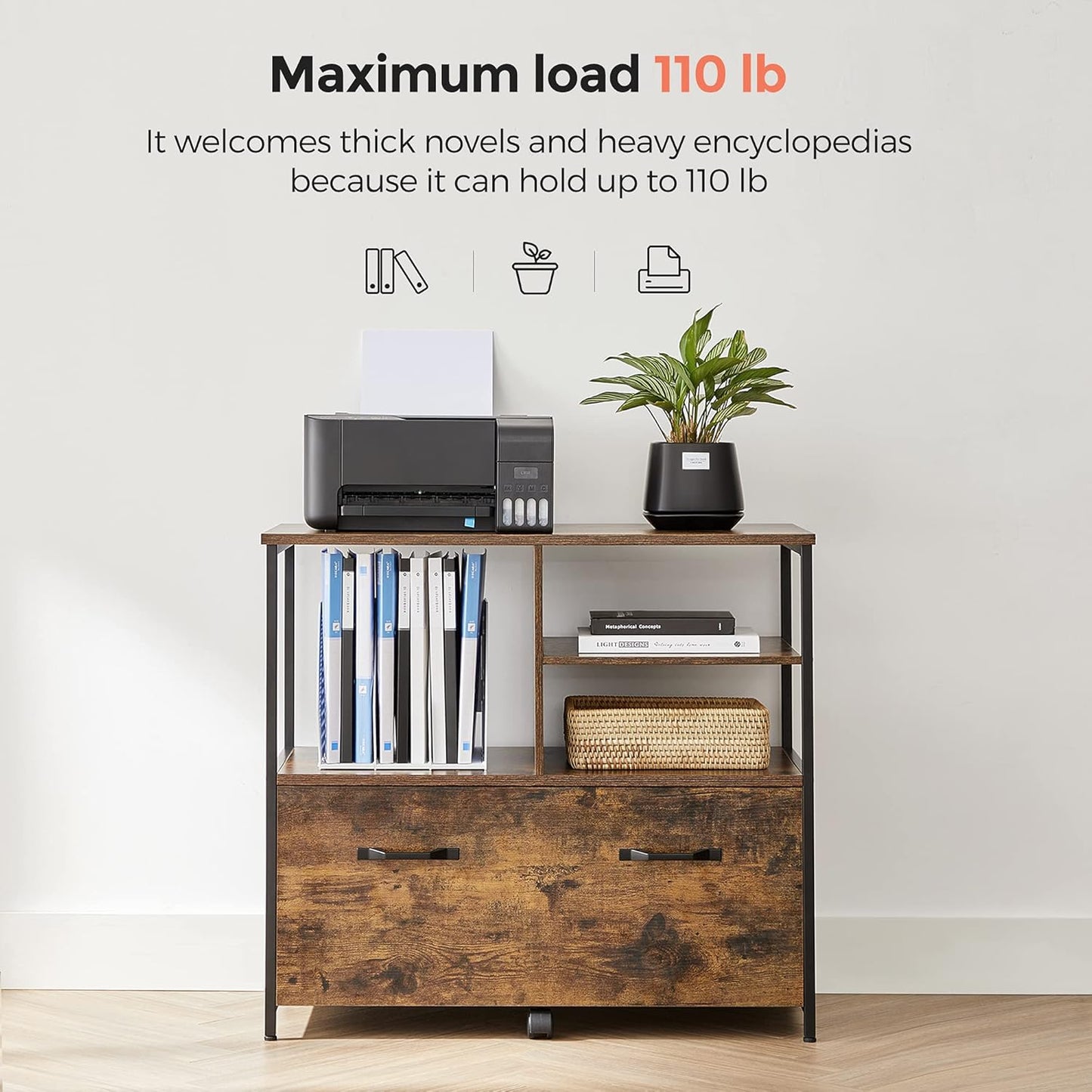 VASAGLE Lateral File Cabinet for Home Office, Filing Cabinet with Open Shelves and Drawer, for A4, Letter and Legal Sized Documents, Printer Stand, Rustic Brown and Ink Black UOFC043B01