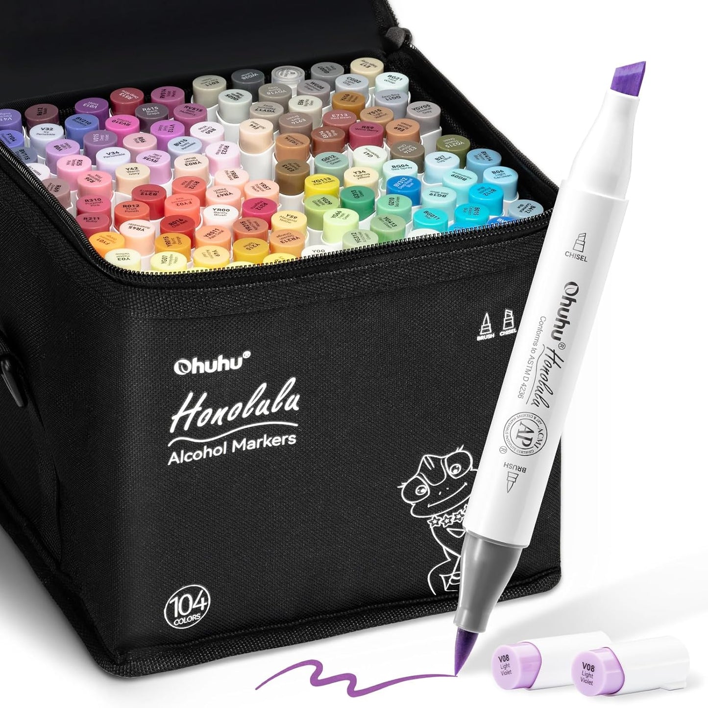 Ohuhu Alcohol Markers Brush Tip- 104-color Double Tipped Alcohol Based Art Marker Set for Artists Adults Coloring Illustration- Honolulu of Ohuhu Markers- Dual Tip Brush & Chisel- Refillable