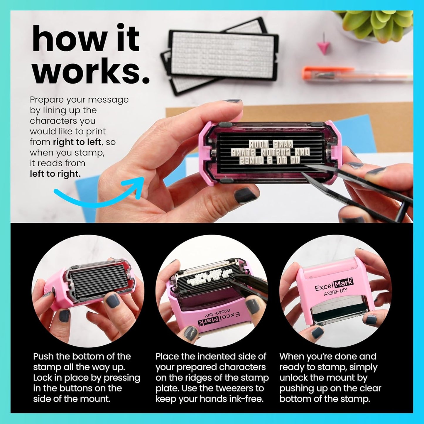 ExcelMark Self-Inking DIY Custom Rubber Stamp Kit - Personalized Stamper for Business or Home - Address Stamp, Message Stamp, and More (Pink)